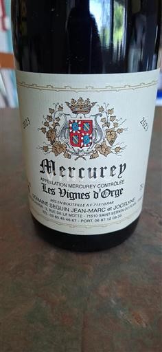 Bourgogne Mercurey Seguin Jean-Marc et Jocelyne Les Vignes d'Orge 2023