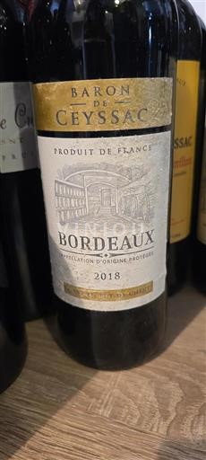 Vin Rouge sec Baron de Ceyssac 2018 France Bordeaux AOC