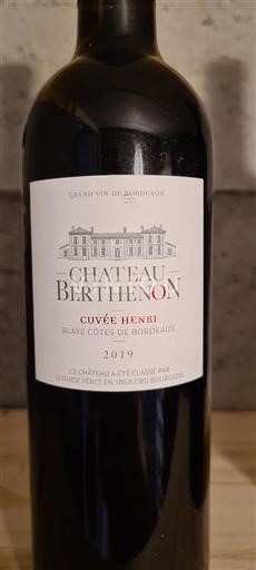 Bordeaux Blaye-Côtes-de-Bordeaux Cru Bourgeois Château Berthenon Henri 2019