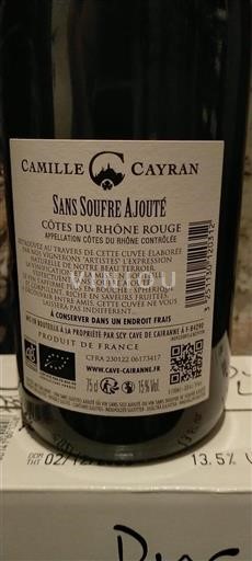 Rona dolina Côtes-du-Rhône Camille Cayran Sans Soufre Ajouté Neleten.