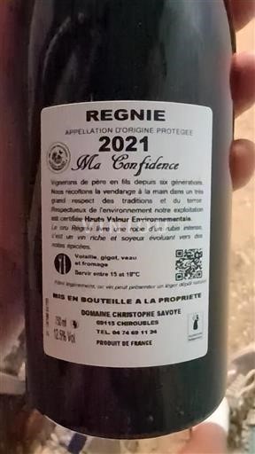 Beaujolais Régnié Domaine Christophe Savoye Ma Confidence 2021
