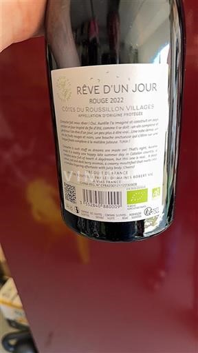 Vin Rouge sec Rêve d'un Jour Domaine Les s Robert Vic 2022 France Roussillon Côtes du Roussillon Villages AOC bio