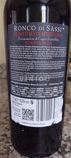 Apulia Wines Primitivo di Manduria Ronco di Sassi Riserva 2020