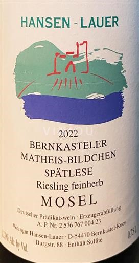 Mosel Hansen-Lauer Bernkasteler Matheis-Bildchen - Riesling Feinherb - Spätlese 2022