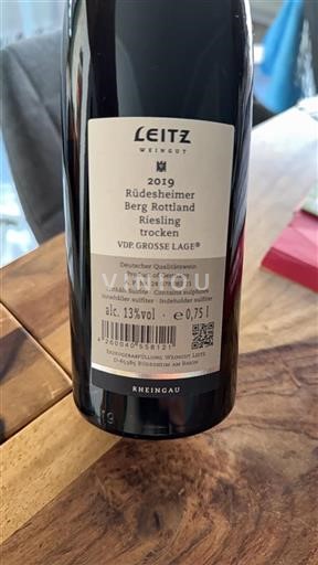 Vin Blanc sec Rüdesheimer Berg Rottland Riesling trocken Leitz 2019 Allemagne Rheingau