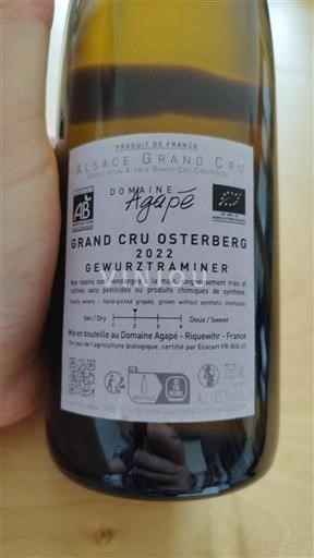 Elsass Alsace Grand Cru Grand Cru Domaine Agapé Grand Cru Osterberg 2022