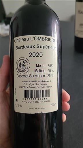 Bordéus Bordeaux Superior Château L'OMBRIERE 2020