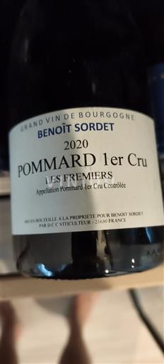 Vin Rouge sec Les Fremiers Domaine Benoit Sordet 2020 France Bourgogne Pommard AOC Premier Cru