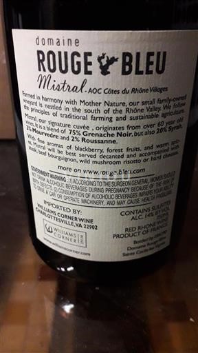 Vallée du Rhône Côtes-du-rhône-villages Domaine Rouge-Bleu Mistral Non Millésimé