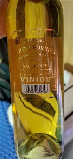 Vin Blanc liquoreux Château Doisy-Védrines 2018 France Bordeaux Sauternes AOC Grand Cru