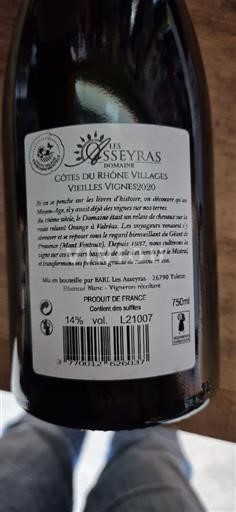 Vale do Ródano Côtes-do-ródano-villages Les Asseyras Vieilles vignes 2020